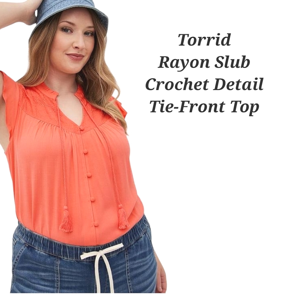 Torrid Coral Slub Crochet Tie Front Peasant Flutter Sleeve Top Torrid Size 0